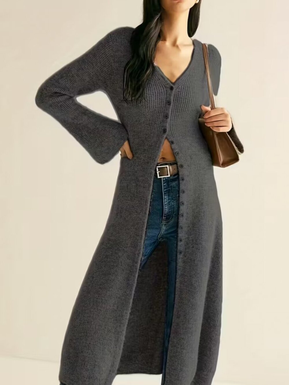Women's Fashionable Elegant Fabric Cardigan Long Coat with Buttons